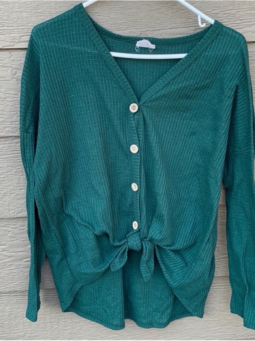 BiBi Teal Button-Front Tie Hem Long Sleeve Top